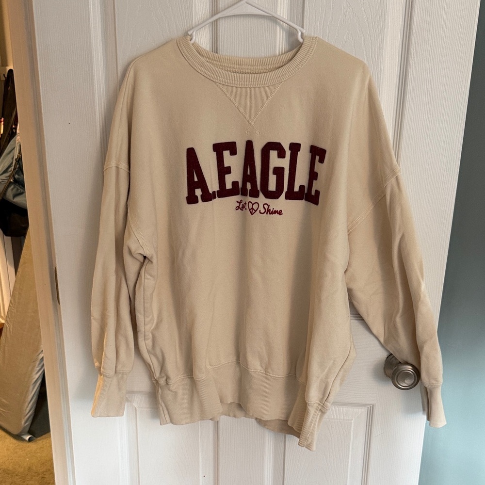 American Eagle Outfitters Cream and Red Crew Neck Sweater